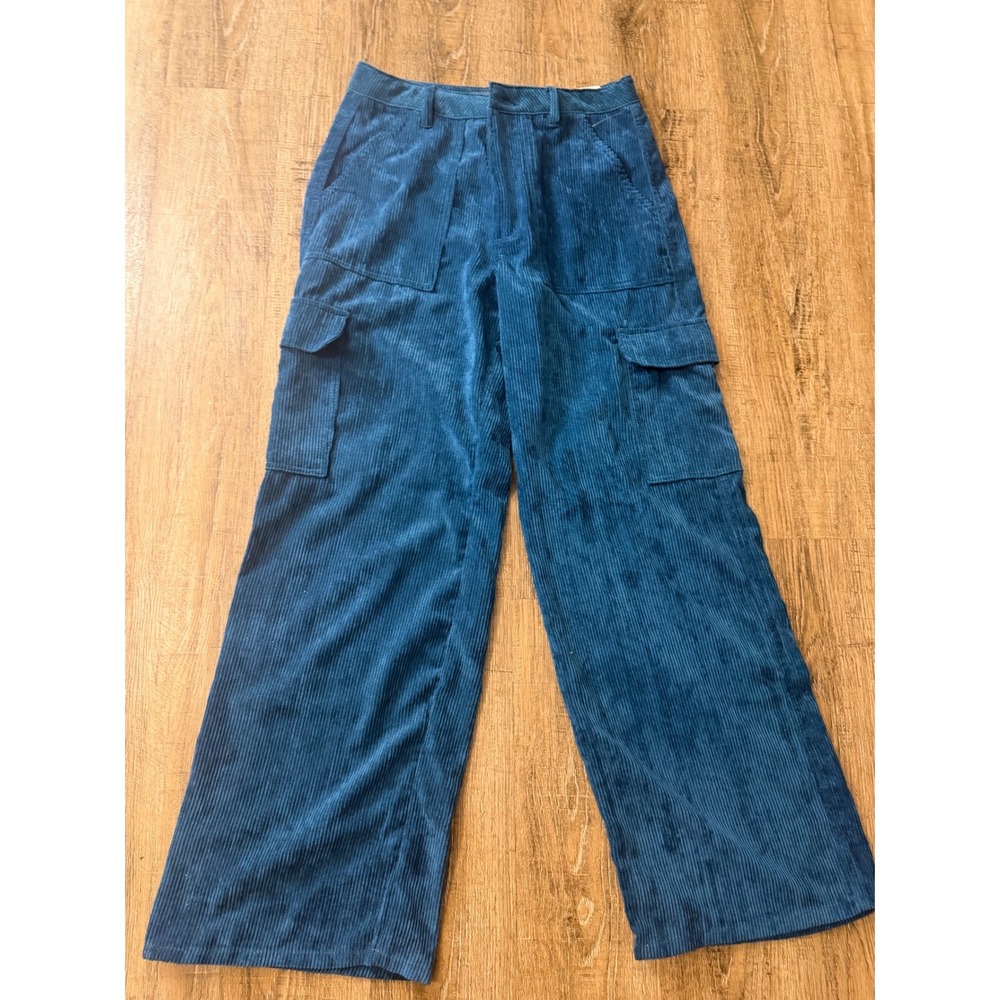 Indigo Rising Wide Leg Corduroy Cargo Pants Teal Blue Size 11/30 High Waist